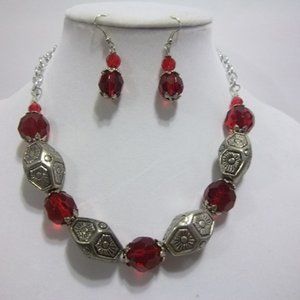 Ruby Red Faceted Glass Beaded Necklace Set